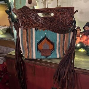 American Darling Teal and Brown Patterned Fringe Bag